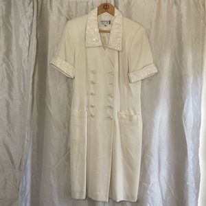 VTG 90’s Sequin Lace Glam Embellished Cream White Wedding Shirt Midi Dress